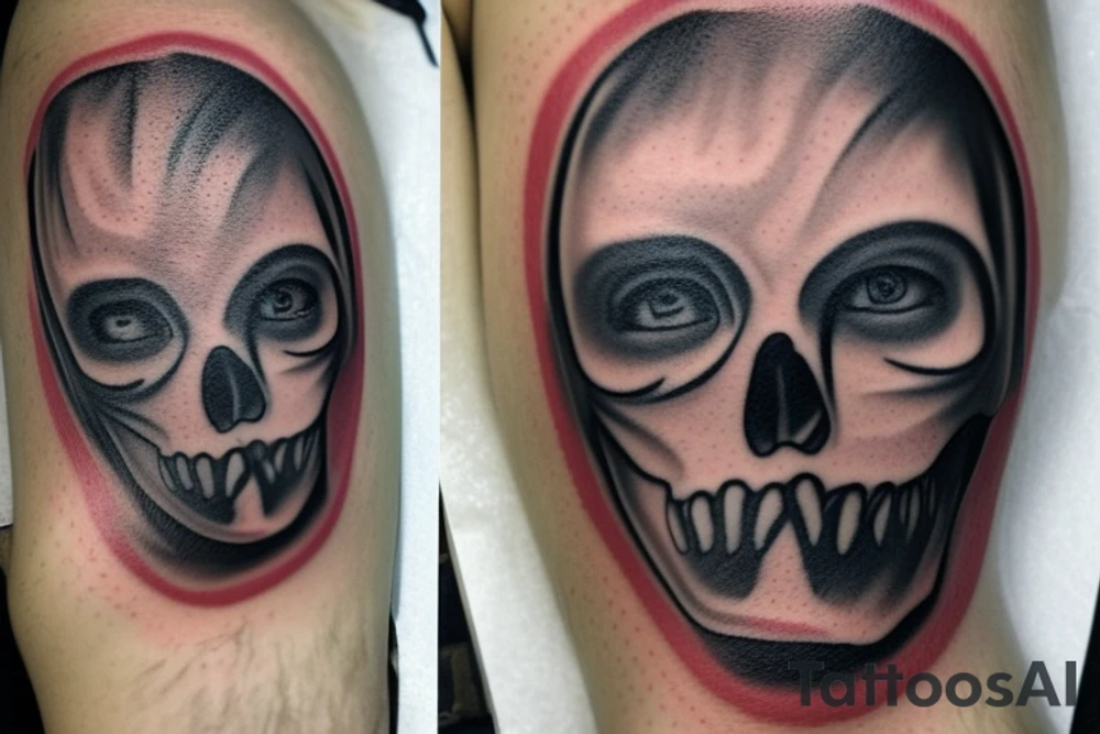 A male face that should represent both birth and death. The left side of the face should represent birth and the right side should represent death. The face should be Partly covered by a hood. And the left pupil should be blue and the left pupil should be red tattoo idea