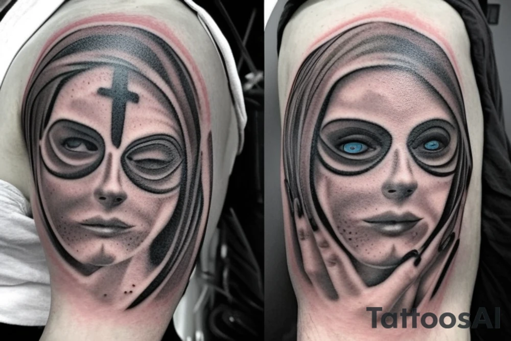 A male face that should represent both birth and death. The left side of the face should represent birth and the right side should represent death. The face should be Partly covered by a hood. And the left pupil should be blue and the left pupil should be red tattoo idea