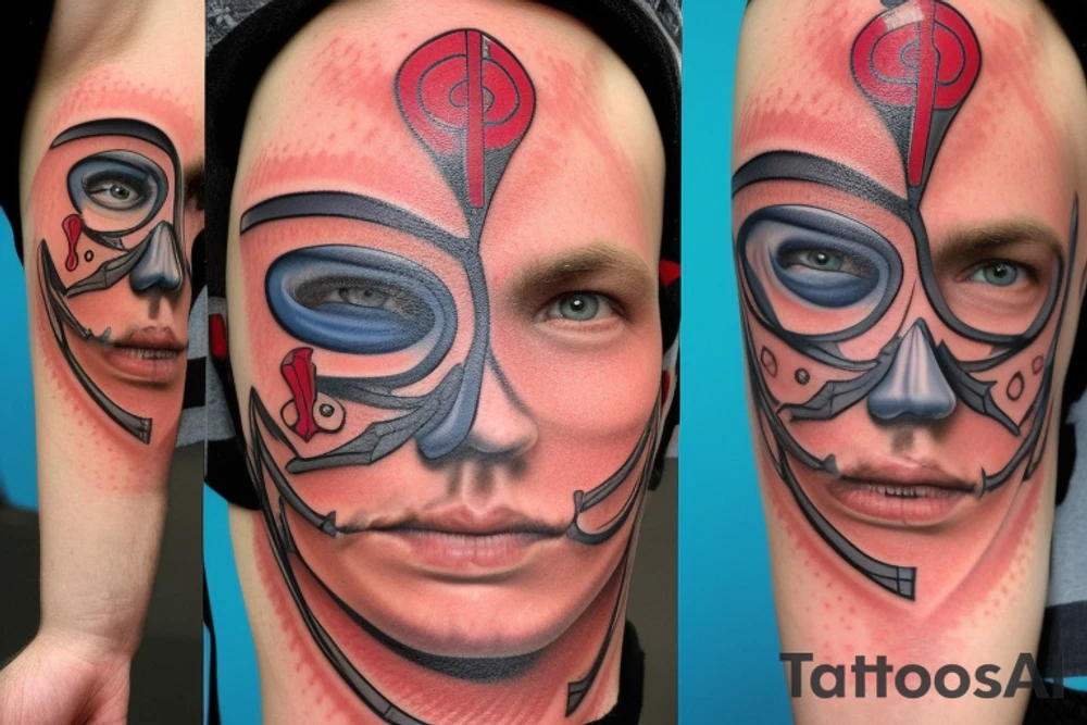 A male face that should represent both birth and death. The left side of the face should represent birth and the right side should represent death. The face should be Partly covered by a hood. And the left pupil should be blue and the left pupil should be red tattoo idea