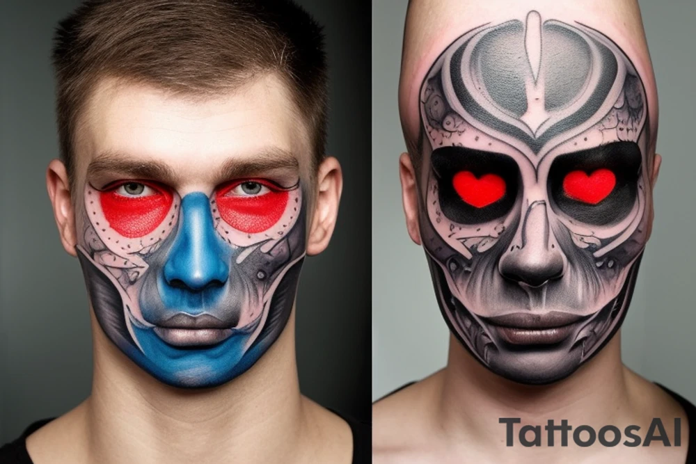 A male face that should represent both birth and death. The left side of the face should represent birth and the right side should represent death. The face should be Partly covered by a hood. And the left pupil should be blue and the left pupil should be red tattoo idea