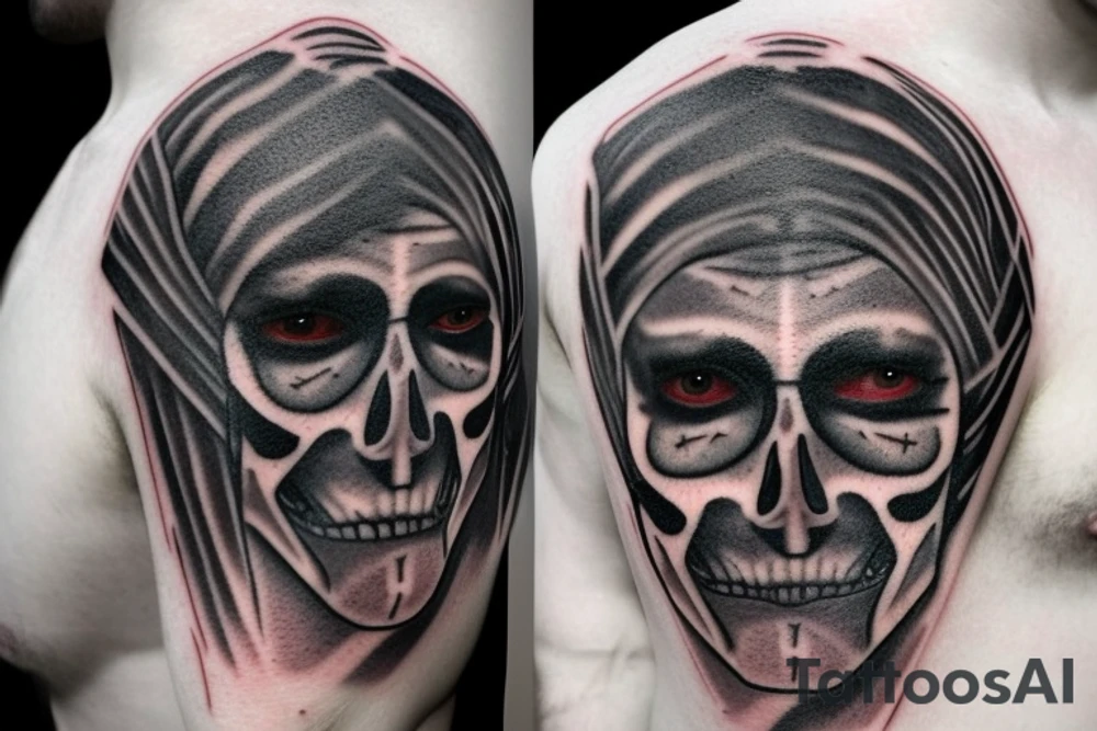 A male face that should represent both birth and death. The left side of the face should represent birth and the right side should represent death. The face should be Partly covered by a hood. And the left pupil should be blue and the left pupil should be red tattoo idea