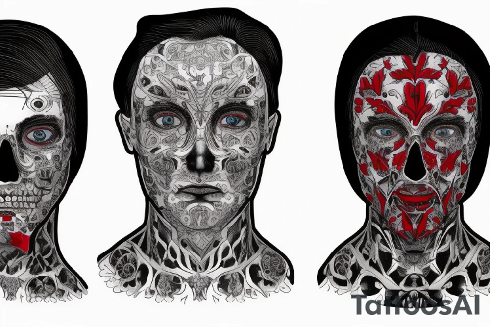 A male face that should represent both birth and death. The left side of the face should represent birth and the right side should represent death. The face should be Partly covered by a hood. And the left pupil should be blue and the left pupil should be red tattoo idea