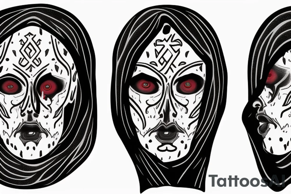 A male face that should represent both birth and death. The left side of the face should represent birth and the right side should represent death. The face should be Partly covered by a hood. And the left pupil should be blue and the left pupil should be red tattoo idea
