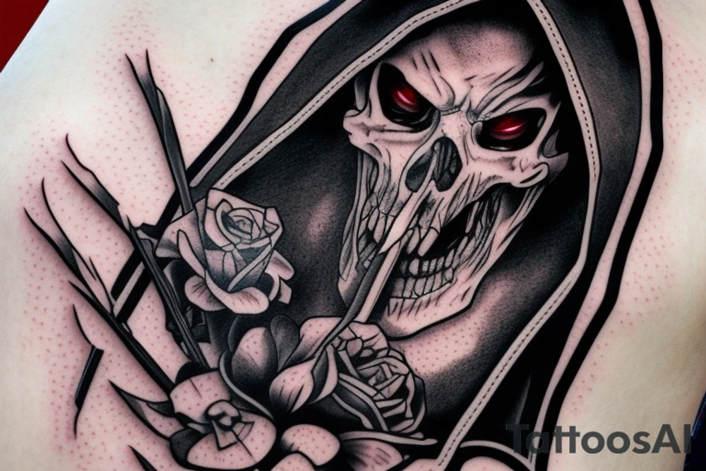 Grimreaper with hood with red pupils tattoo idea