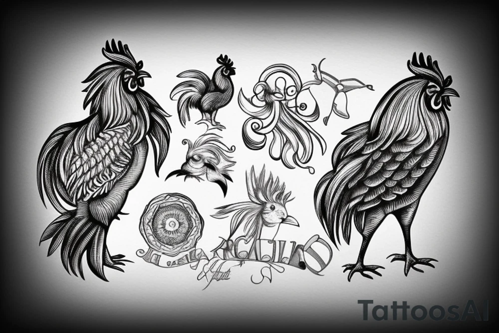 1 bracelet combining 3 animals is a rooster, a dog and a cat tattoo idea