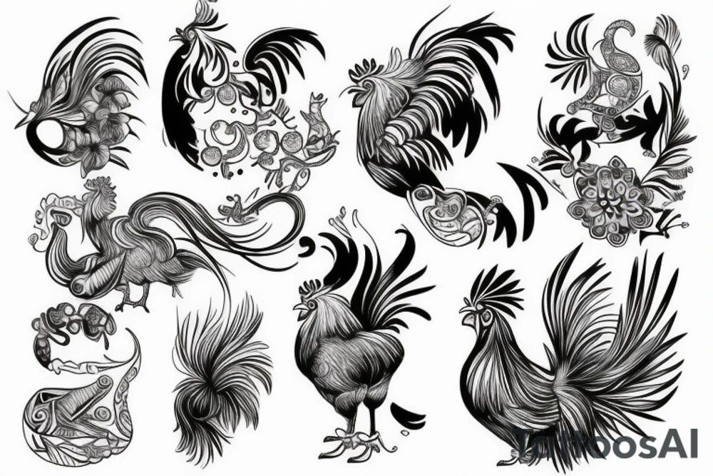 1 bracelet combining 3 animals is a rooster, a dog and a cat tattoo idea