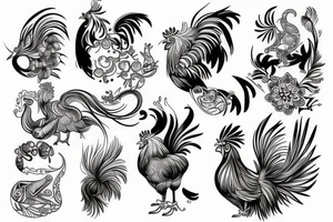 1 bracelet combining 3 animals is a rooster, a dog and a cat tattoo idea