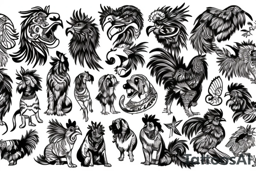 a rooster mix a dog  mix a tiger tattoo idea