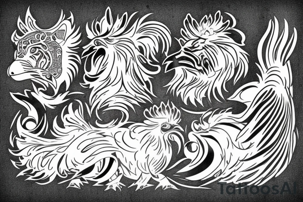 a rooster mix a dog  mix a tiger tattoo idea