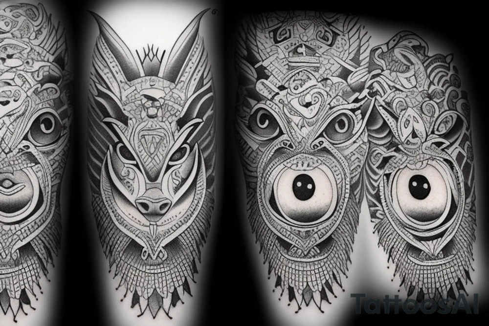 rooster eyes next to dog eyes next to tiger eyes tattoo idea