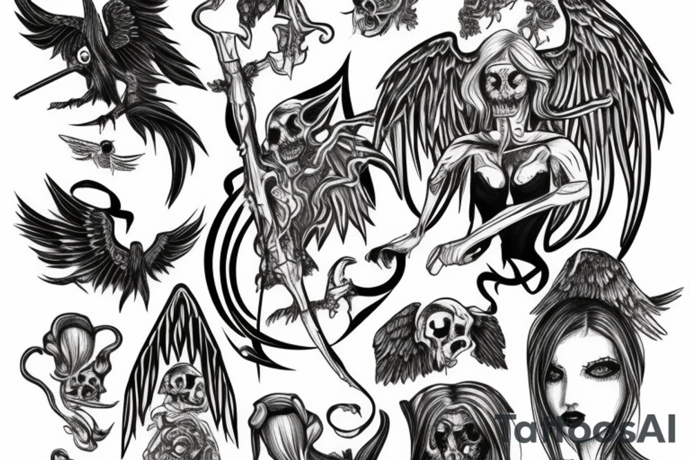 Female reaper protecting dead souls from angels and demons tattoo idea