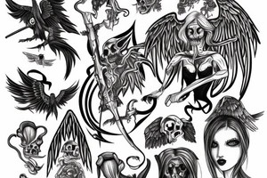 Female reaper protecting dead souls from angels and demons tattoo idea