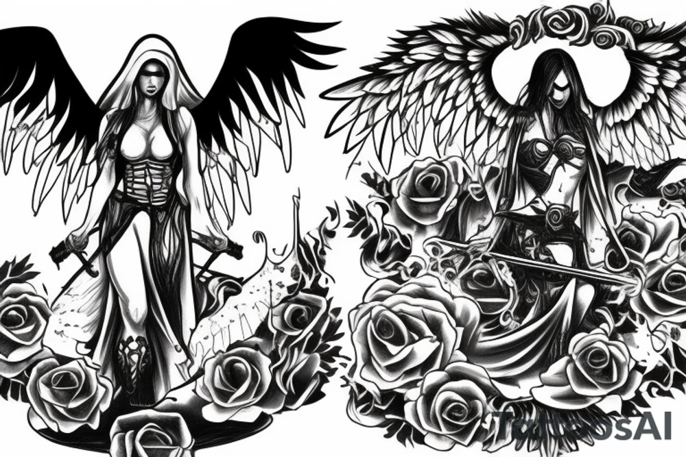Female reaper protecting dead souls from angels and demons tattoo idea