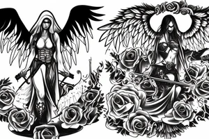 Female reaper protecting dead souls from angels and demons tattoo idea