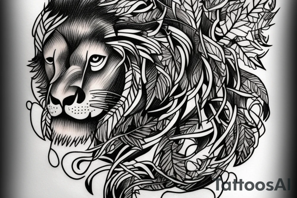 Branch with Ivy and colored leaves, fierce wise lion near the branch tattoo idea