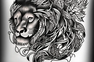 Branch with Ivy and colored leaves, fierce wise lion near the branch tattoo idea