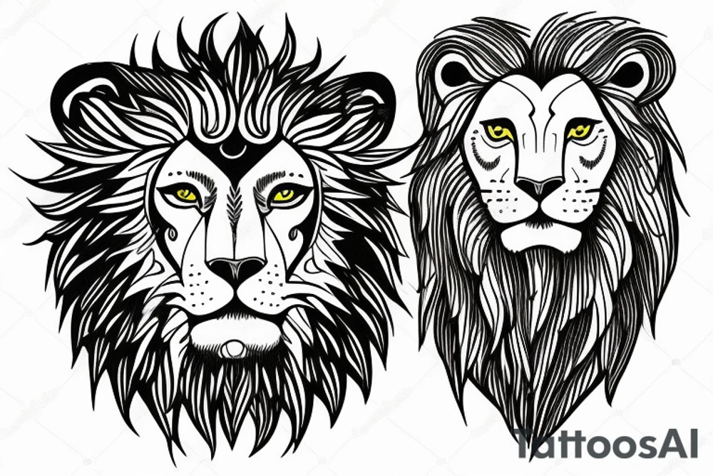 Branch with Ivy and colored leaves, fierce wise lion near the branch tattoo idea