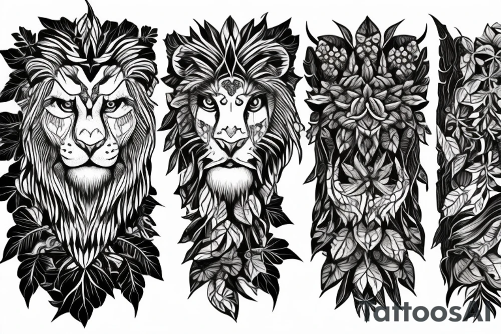Branch with Ivy and colored leaves, fierce wise lion near the branch tattoo idea