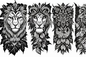 Branch with Ivy and colored leaves, fierce wise lion near the branch tattoo idea