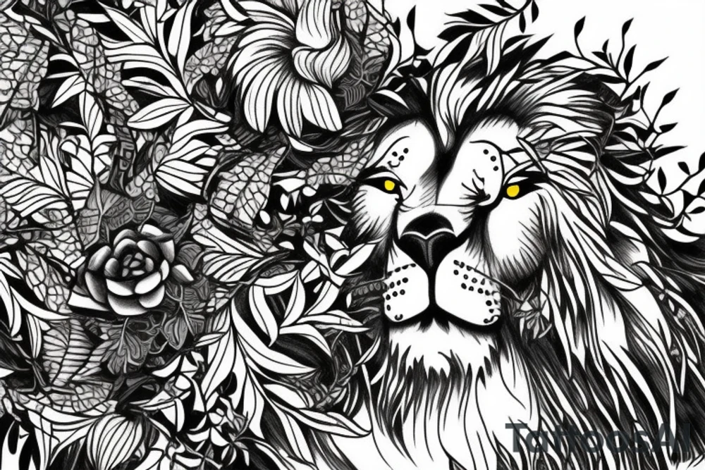 Branch with Ivy and colored leaves, fierce wise lion near the branch tattoo idea