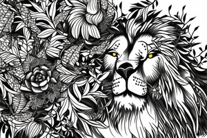 Branch with Ivy and colored leaves, fierce wise lion near the branch tattoo idea