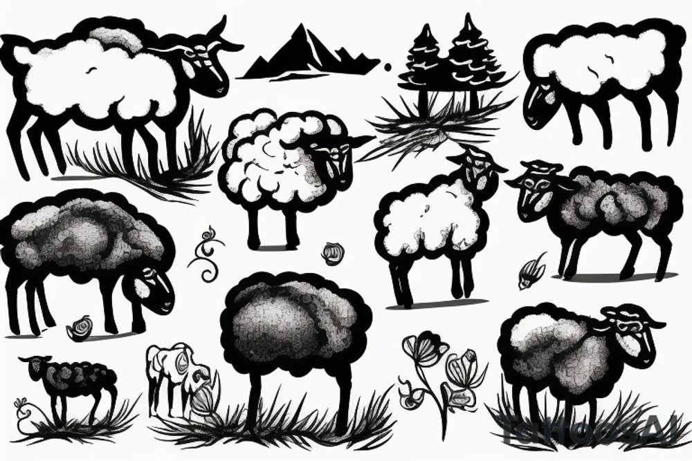 6 sheep on a hilltop scene tattoo idea