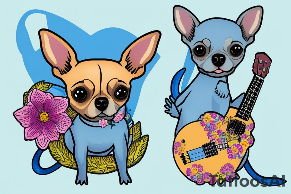 a short haired chihuahua riding on the back of a blue kangaroo playing a ukulele surrounded by flowers tattoo idea