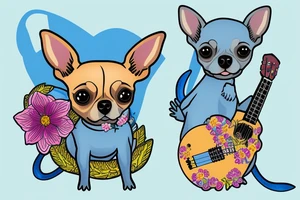 a short haired chihuahua riding on the back of a blue kangaroo playing a ukulele surrounded by flowers tattoo idea