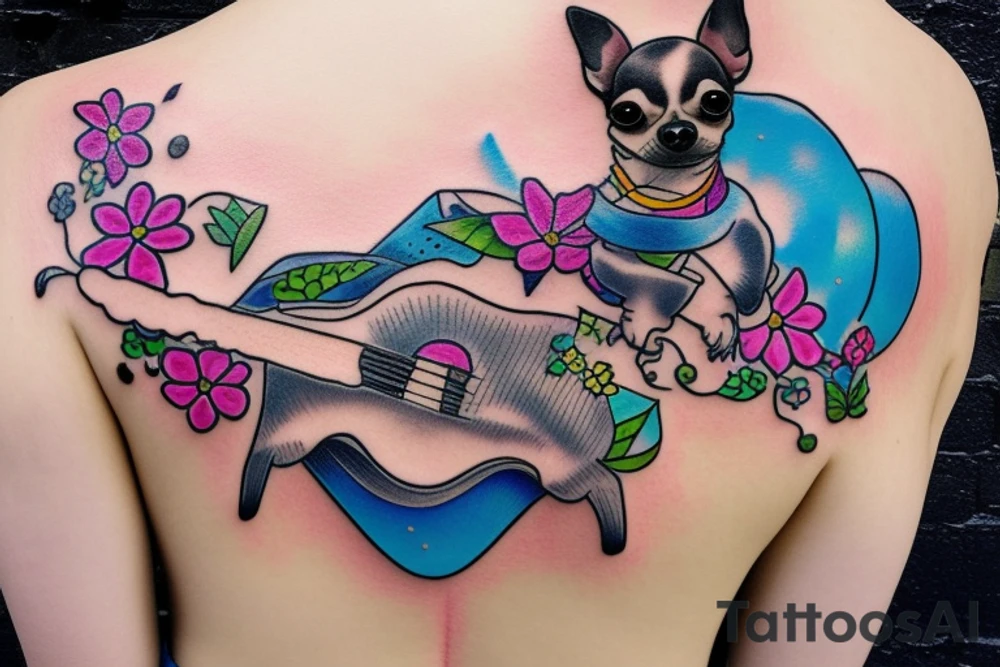 a short haired chihuahua riding on the back of a blue kangaroo playing a ukulele surrounded by flowers tattoo idea