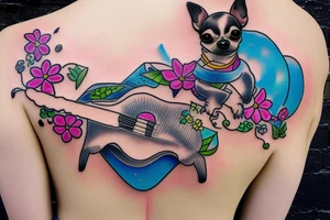 a short haired chihuahua riding on the back of a blue kangaroo playing a ukulele surrounded by flowers tattoo idea