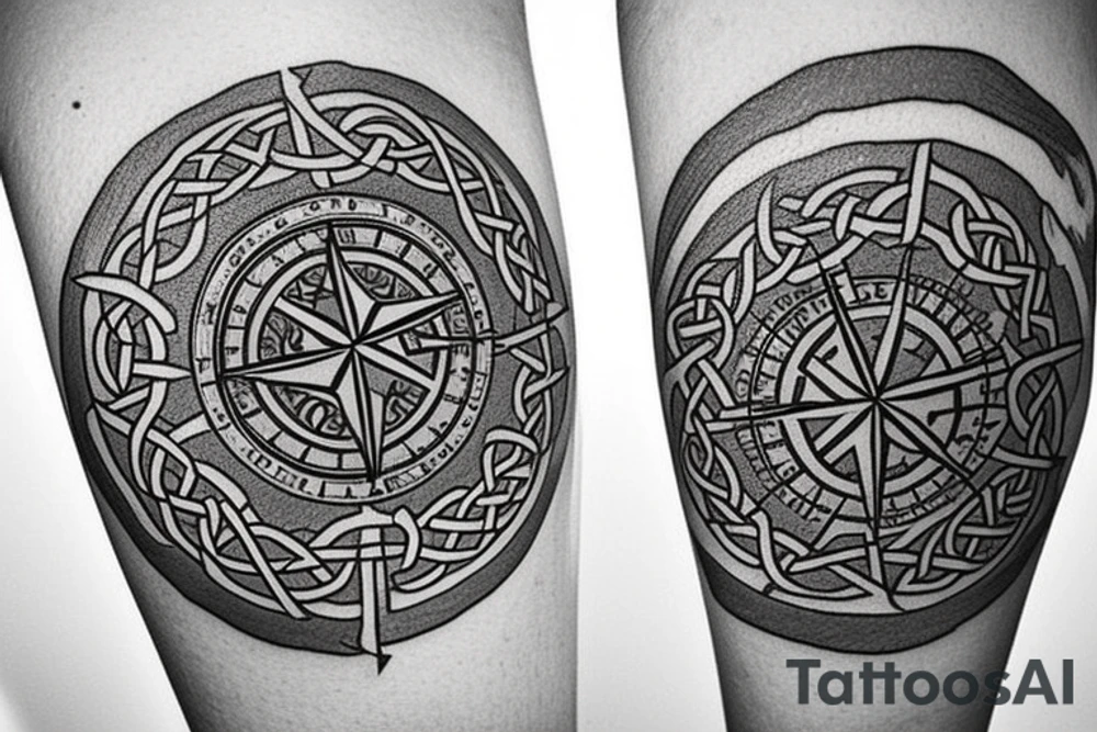 Compass with a Celtic theme that has the coordinates 40.829864 , -73.817485. Also incorporate a small cardinal somewhere in it that has a little red to make it pop tattoo idea