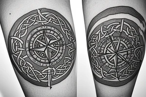 Compass with a Celtic theme that has the coordinates 40.829864 , -73.817485. Also incorporate a small cardinal somewhere in it that has a little red to make it pop tattoo idea