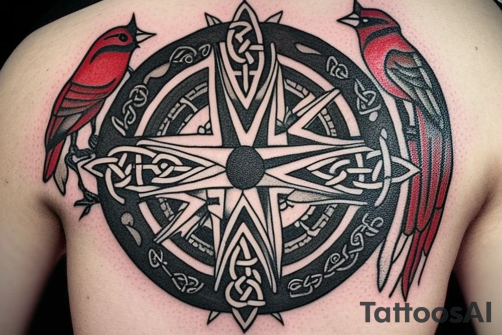 Compass with a Celtic theme that has the coordinates 40.829864 , -73.817485. Also incorporate a small cardinal somewhere in it that has a little red to make it pop tattoo idea