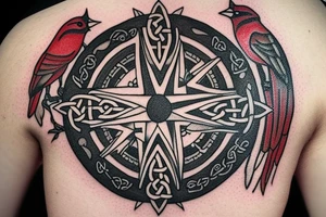 Compass with a Celtic theme that has the coordinates 40.829864 , -73.817485. Also incorporate a small cardinal somewhere in it that has a little red to make it pop tattoo idea