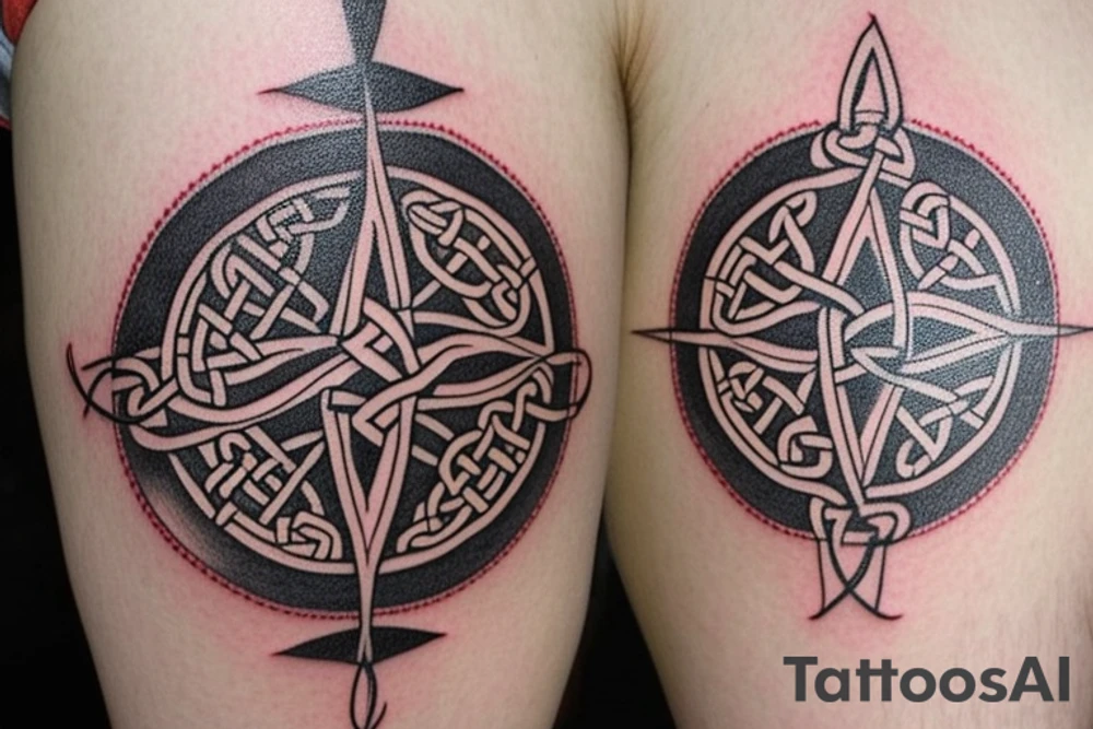 Compass with a Celtic theme that has the coordinates 40.829864 , -73.817485. Also incorporate a small cardinal somewhere in it that has a little red to make it pop tattoo idea