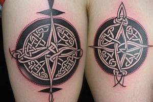 Compass with a Celtic theme that has the coordinates 40.829864 , -73.817485. Also incorporate a small cardinal somewhere in it that has a little red to make it pop tattoo idea
