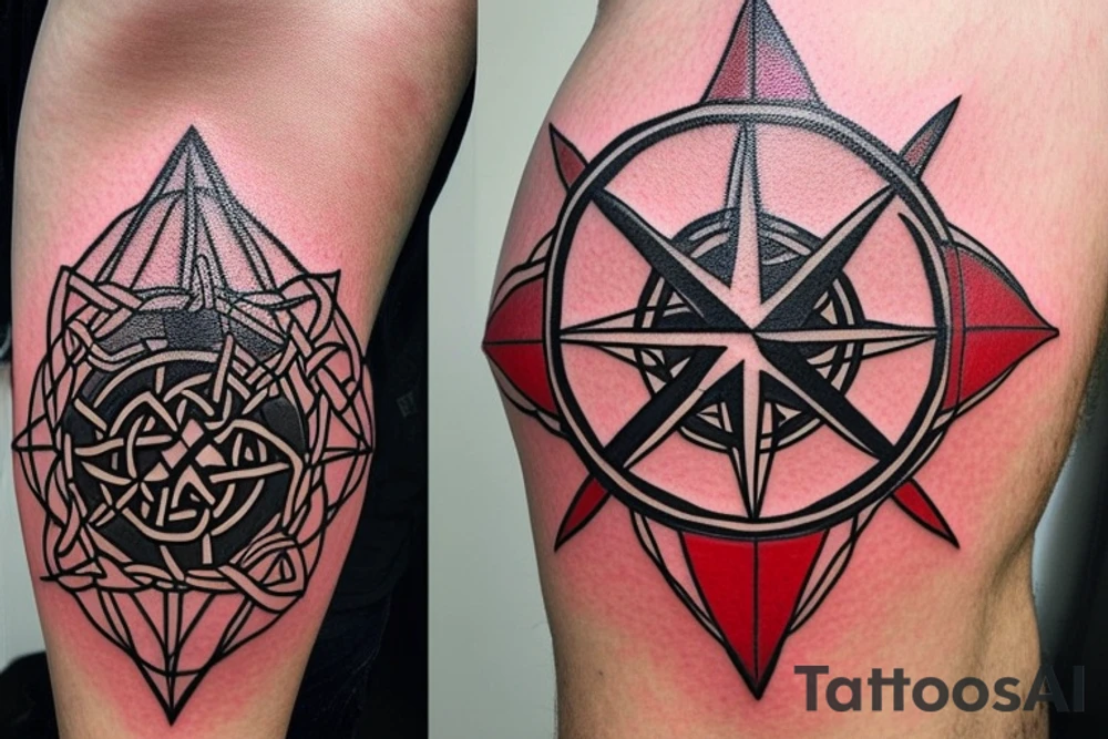 Compass with a Celtic theme that has the coordinates 40.829864 , -73.817485. Also incorporate a small cardinal somewhere in it that has a little red to make it pop tattoo idea