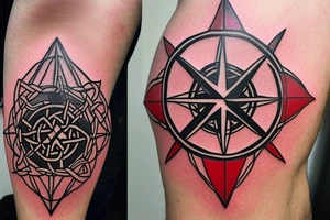 Compass with a Celtic theme that has the coordinates 40.829864 , -73.817485. Also incorporate a small cardinal somewhere in it that has a little red to make it pop tattoo idea