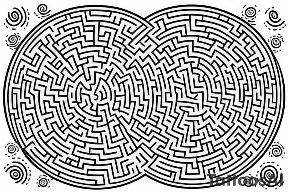 round maze, but within the centre of the maze, there is a negative space in the shape of a semicolon tattoo idea