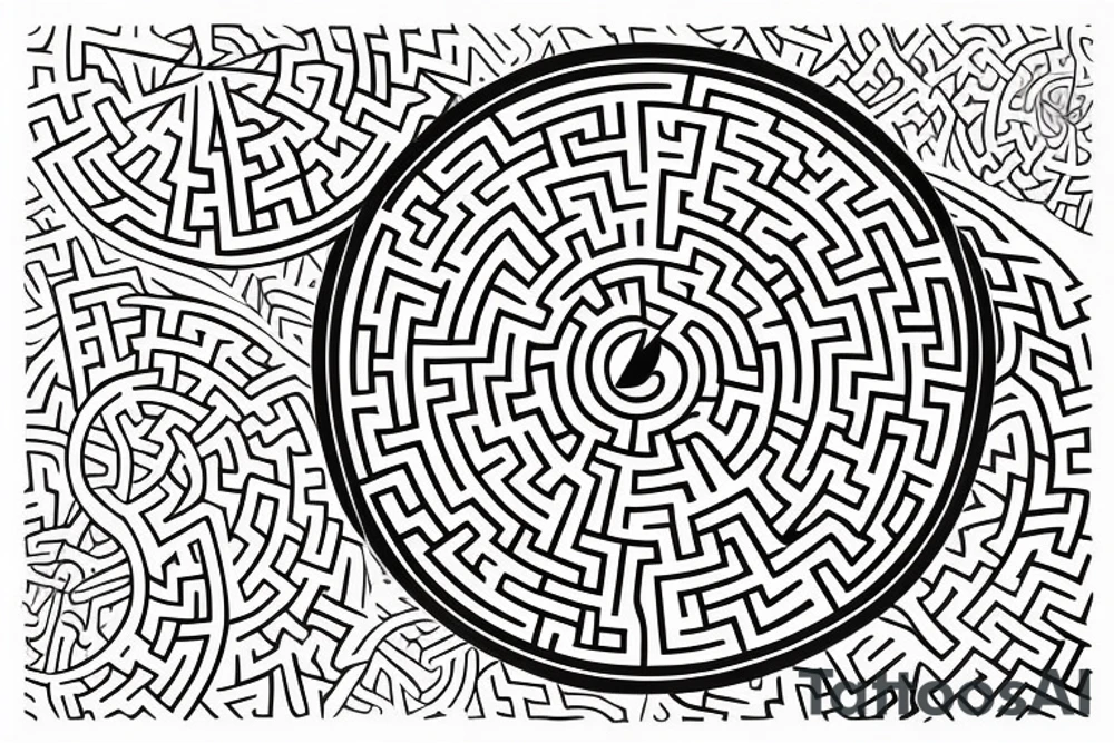 round maze, but within the centre of the maze, there is a negative space in the shape of a semicolon tattoo idea