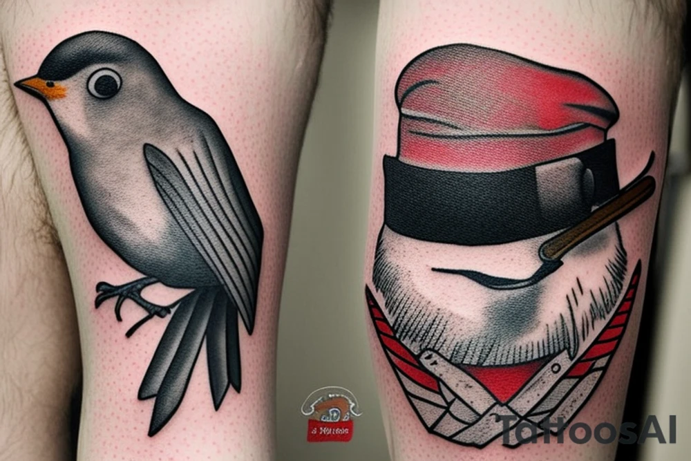 Realistic Robin bird wearing a sailor hat tattoo idea