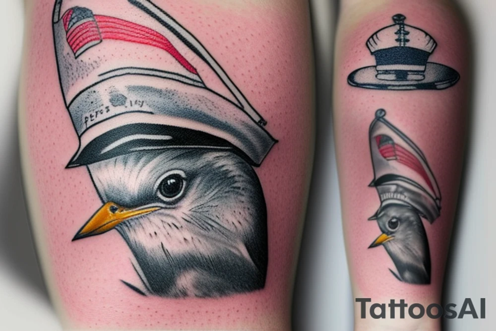 Realistic American Robin Bird wearing a sailors hat tattoo idea