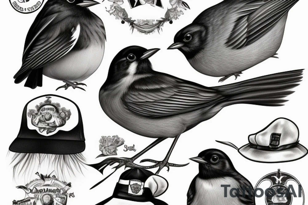 Realistic American Robin Bird wearing a sailors hat tattoo idea Realistic American Robin Bird wearing a sailors hat tattoo idea