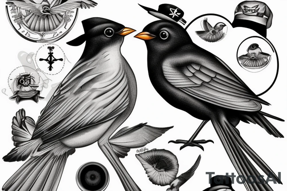 Realistic American Robin Bird wearing a sailors hat tattoo idea