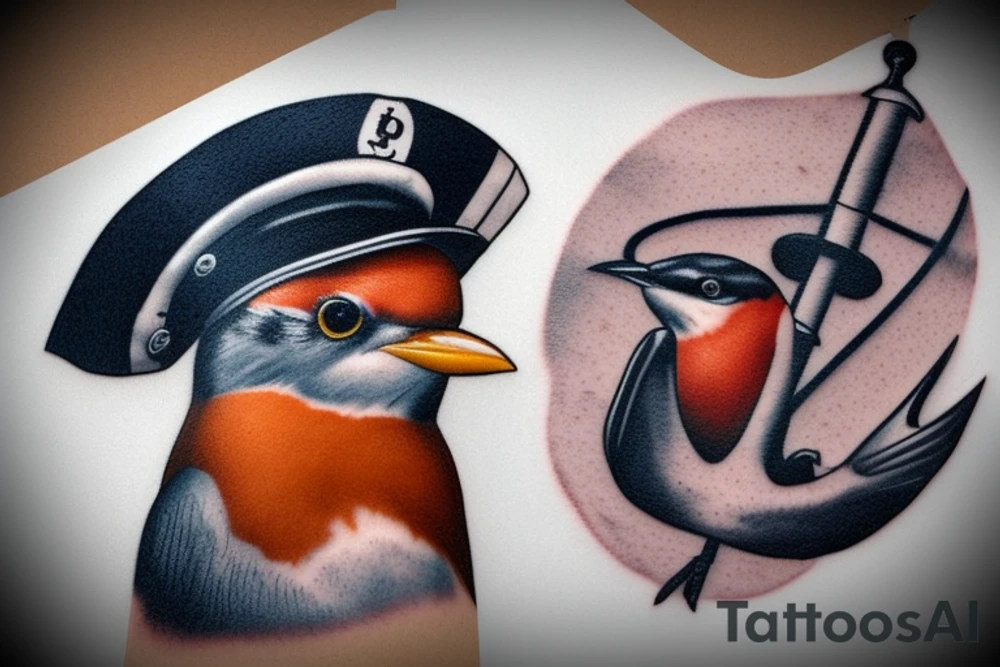 Realistic American Robin Bird wearing a sailors hat

Realistic American Robin Bird wearing a sailors hat sitting on an anchor tattoo idea