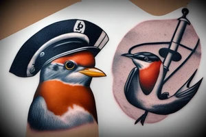 Realistic American Robin Bird wearing a sailors hat

Realistic American Robin Bird wearing a sailors hat sitting on an anchor tattoo idea