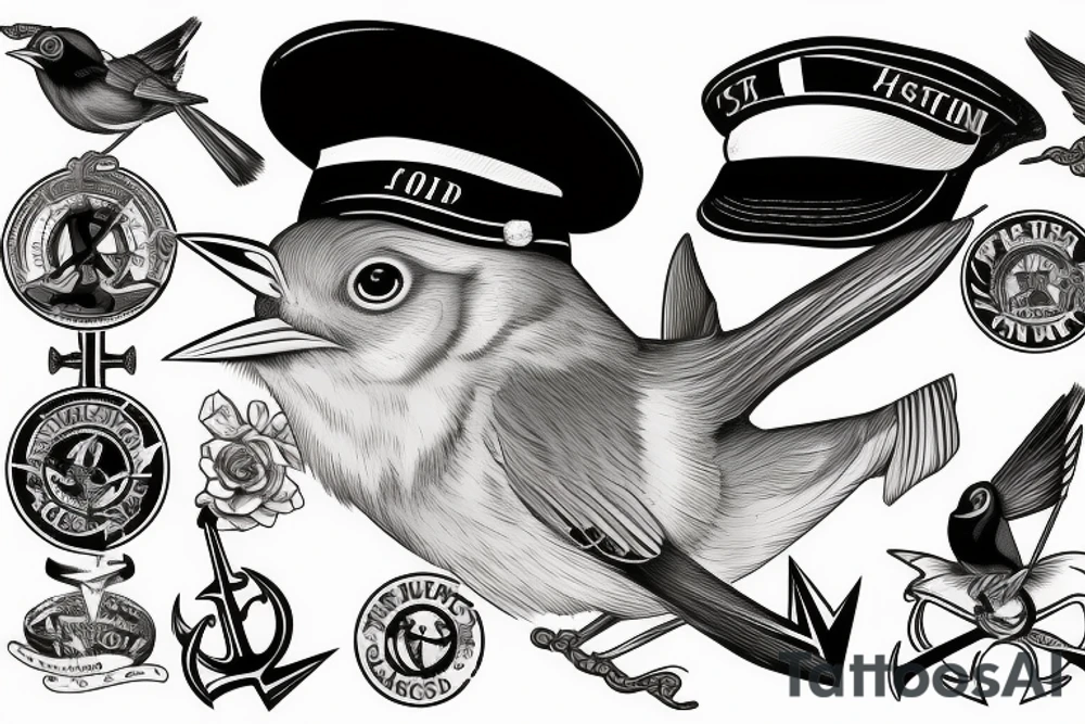 Realistic American Robin Bird wearing a sailors hat

Realistic American Robin Bird wearing a sailors hat sitting on an anchor tattoo idea