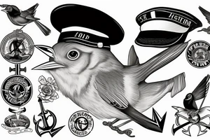 Realistic American Robin Bird wearing a sailors hat

Realistic American Robin Bird wearing a sailors hat sitting on an anchor tattoo idea