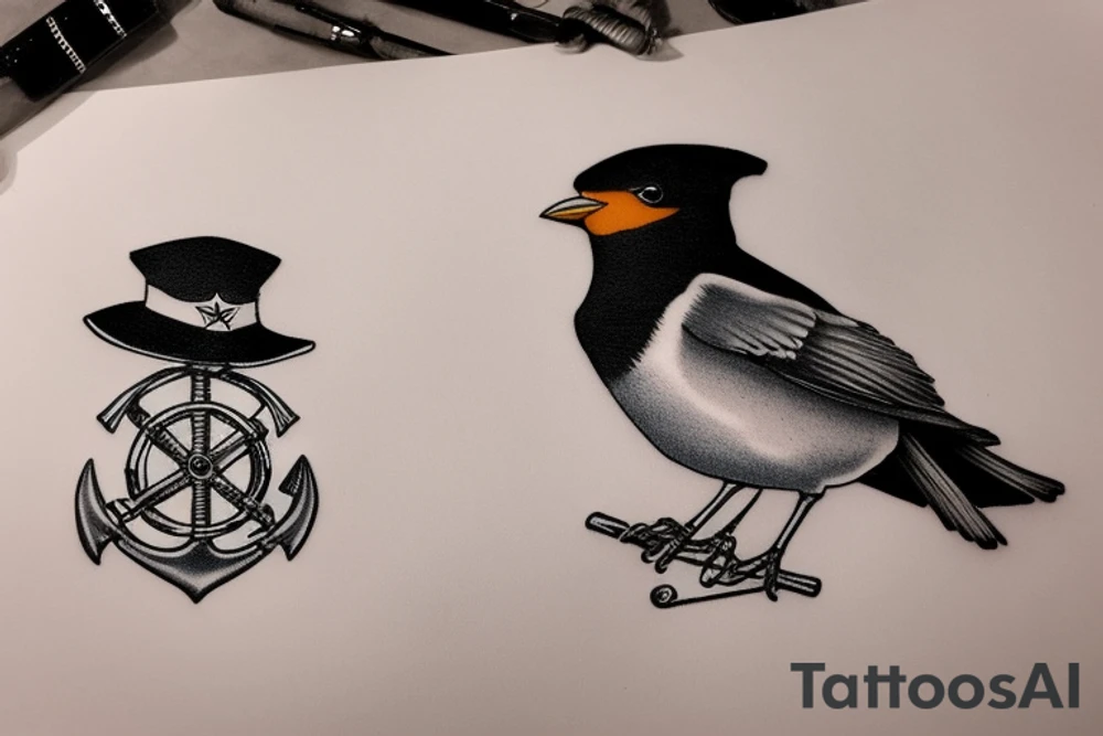 Realistic American Robin Bird wearing a sailors hat

Realistic American Robin Bird wearing a sailors hat sitting on an anchor

USS Sea (American) Robin ss-407 submarine Sea American Robin tattoo idea