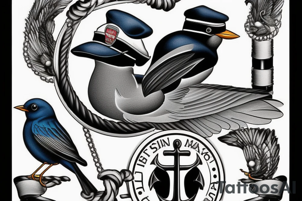 Realistic American Robin Bird wearing a sailors hat

Realistic American Robin Bird wearing a sailors hat sitting on an anchor

USS Sea (American) Robin SS-407 submarine 

USS Sea Robin sitting on an anchor

USS Sea Robin Submarine Logo tattoo idea
